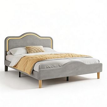 Princess Style Soft Upholstered Platform Bed Frame with Adjustable LED Headboard & Footboard