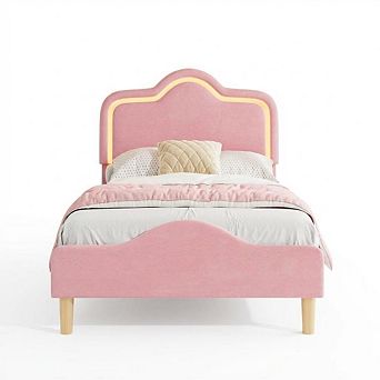 Princess Style Soft Upholstered Platform Bed Frame with Adjustable LED Headboard & Footboard