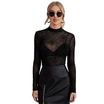 Womens Mesh Long Sleeve Tops Crew Neck See Through Party Club Night Lace Blouse