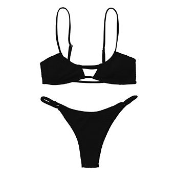 Women's Ribbed Triangle Bikini Sets O Ring Linked Swimsuit Set Textured Bathing Suit