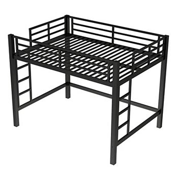 Pnronnc Minimalist Metal Bed Heavy Duty Loft Frame Bed with Ladder and Guardrails