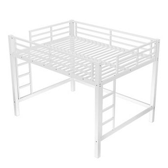 Pnronnc Minimalist Metal Bed Heavy Duty Loft Frame Bed with Ladder and Guardrails