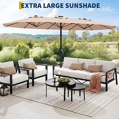 15 ft Large Patio Umbrella with Base and Solar Lights