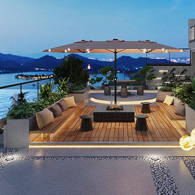 15 ft Large Patio Umbrella with Base and Solar Lights