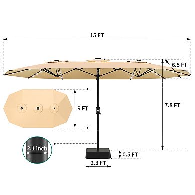 15 ft Large Patio Umbrella with Base and Solar Lights