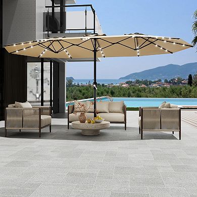 15 ft Large Patio Umbrella with Base and Solar Lights