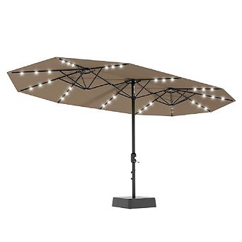 15 ft Large Patio Umbrella with Base and Solar Lights