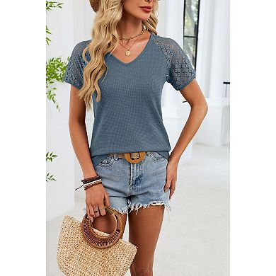 Women's V Neck Waffle Knit Top Lace Sleeve Casual Blouse Summer Loose Tee