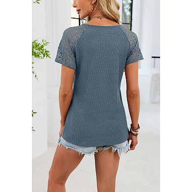 Women's V Neck Waffle Knit Top Lace Sleeve Casual Blouse Summer Loose Tee