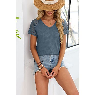 Women's V Neck Waffle Knit Top Lace Sleeve Casual Blouse Summer Loose Tee