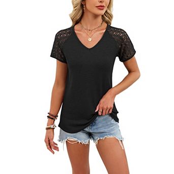 Women's V Neck Waffle Knit Top Lace Sleeve Casual Blouse Summer Loose Tee