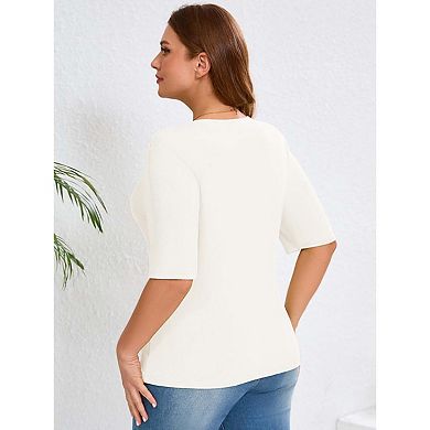 Seoria Women Plus Size Henley Tops Short Sleeve V Neck Button Placket Ribbed Knit Casual Daily Basic