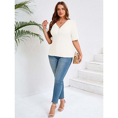 Seoria Women Plus Size Henley Tops Short Sleeve V Neck Button Placket Ribbed Knit Casual Daily Basic