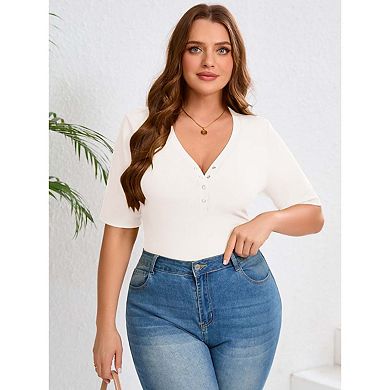 Seoria Women Plus Size Henley Tops Short Sleeve V Neck Button Placket Ribbed Knit Casual Daily Basic