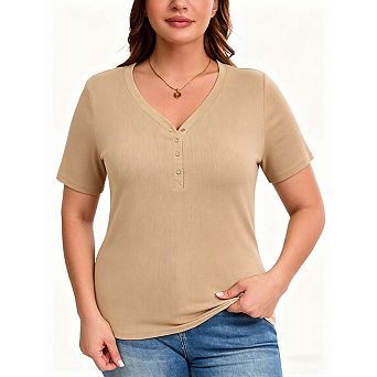 Seoria Women Plus Size Henley Tops Short Sleeve V Neck Button Placket Ribbed Knit Casual Daily Basic