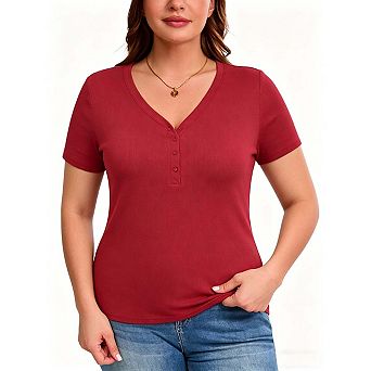Seoria Women Plus Size Henley Tops Short Sleeve V Neck Button Placket Ribbed Knit Casual Daily Basic