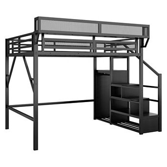Pnronnc High Loft Bed Stairs Storage Bed Metal Bed Frame with Stairs, Storage Shelves and Wardrobe