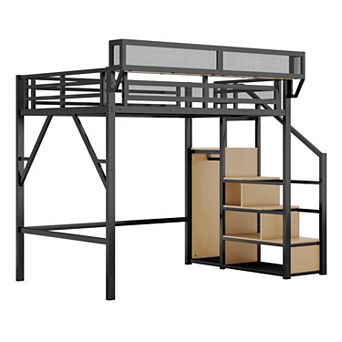 Pnronnc High Loft Bed Stairs Storage Bed Metal Bed Frame with Stairs, Storage Shelves and Wardrobe