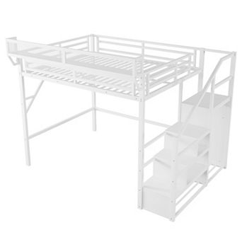 Pnronnc High Loft Bed Stairs Storage Bed Metal Bed Frame with Stairs, Storage Shelves and Wardrobe