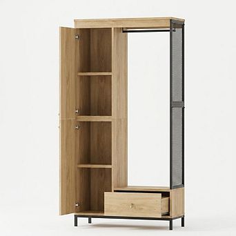 Armoire Wardrobe Closet with Shelves & Hanging Rod, Natural Oak for Small Spaces