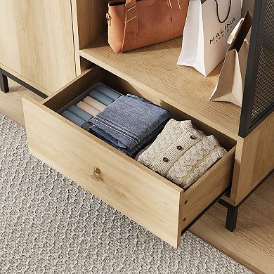 Armoire Wardrobe Closet with Shelves & Hanging Rod, Natural Oak for Small Spaces