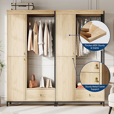 Armoire Wardrobe Closet with Shelves & Hanging Rod, Natural Oak for Small Spaces
