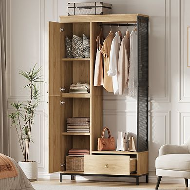 Armoire Wardrobe Closet with Shelves & Hanging Rod, Natural Oak for Small Spaces