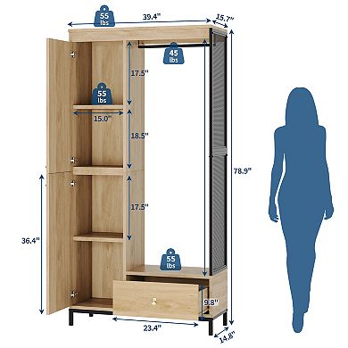 Armoire Wardrobe Closet with Shelves & Hanging Rod, Natural Oak for Small Spaces