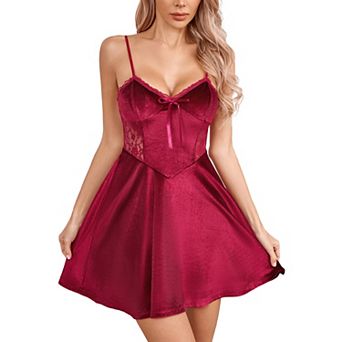 Women Mini Babydoll Nightgown Lingerie Satin Sleepwear Sheer Lace Slip V Neck Chemise