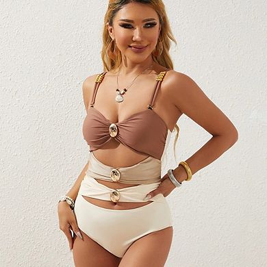 Women One Piece Swimsuit Ruched Monokini Color Block Bathing Suit