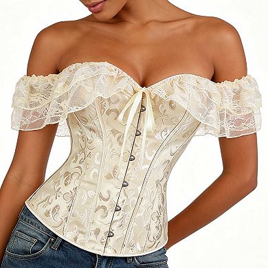 Women's Lace Trim Bustier Corset, Off Shoulder Short Sleeve Waist Cincher Top