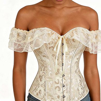 Women's Lace Trim Bustier Corset, Off Shoulder Short Sleeve Waist Cincher Top