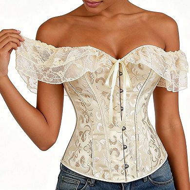 Women's Lace Trim Bustier Corset, Off Shoulder Short Sleeve Waist Cincher Top
