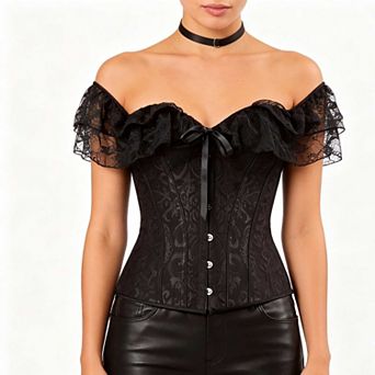 Women's Lace Trim Bustier Corset, Off Shoulder Short Sleeve Waist Cincher Top