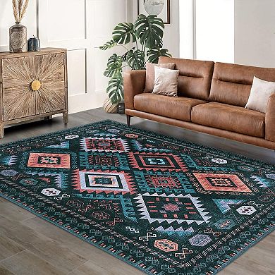 Area Rug Machine Washable Non-Slip Low Pile Geometric Print Pattern Western Easy-Cleaning Rug