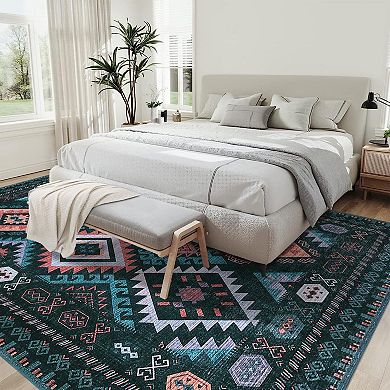 Area Rug Machine Washable Non-Slip Low Pile Geometric Print Pattern Western Easy-Cleaning Rug