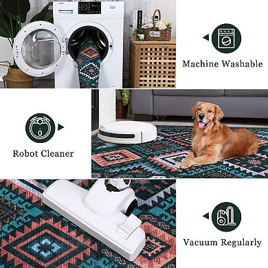 Area Rug Machine Washable Non-Slip Low Pile Geometric Print Pattern Western Easy-Cleaning Rug