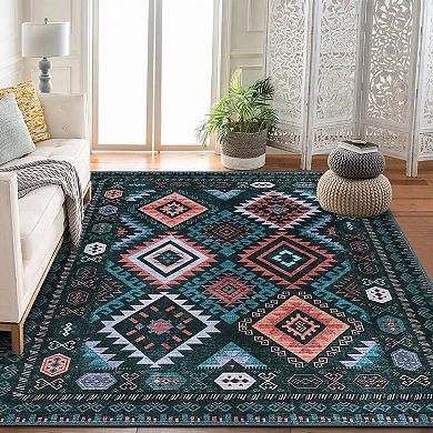 Area Rug Machine Washable Non-Slip Low Pile Geometric Print Pattern Western Easy-Cleaning Rug