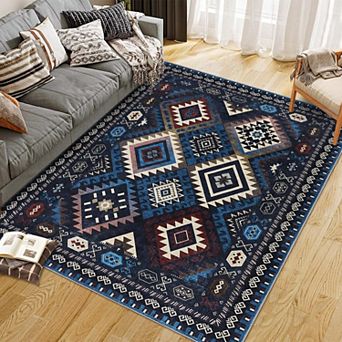 Area Rug Machine Washable Non-Slip Low Pile Geometric Print Pattern Western Easy-Cleaning Rug