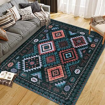 Area Rug Machine Washable Non-Slip Low Pile Geometric Print Pattern Western Easy-Cleaning Rug