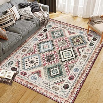 Area Rug Machine Washable Non-Slip Low Pile Geometric Print Pattern Western Easy-Cleaning Rug