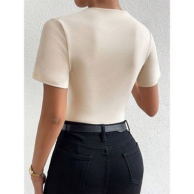 Women's Solid Color Ruched Mock Neck T Shirt Short Sleeve Fitted Basic Tops