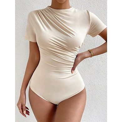 Women's Solid Color Ruched Mock Neck T Shirt Short Sleeve Fitted Basic Tops