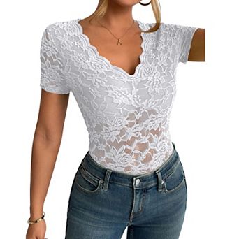 Women's V-Neck Lace Short Sleeve Top Floral Lace Fitted Party Blouse