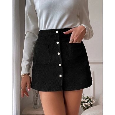 Women’s Button Front Mini Skirt A line Corduroy Bodycon for Women with Pocket