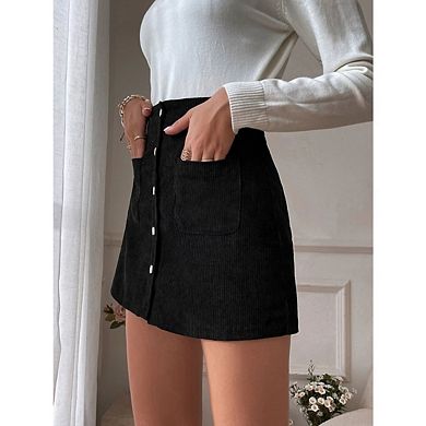 Women’s Button Front Mini Skirt A line Corduroy Bodycon for Women with Pocket
