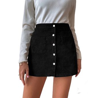 Women’s Button Front Mini Skirt A line Corduroy Bodycon for Women with Pocket