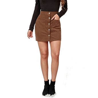 Women’s Button Front Mini Skirt A line Corduroy Bodycon for Women with Pocket
