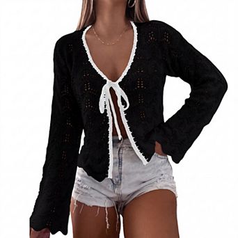 Women Long Sleeve Knit Cardigan Color Block Tirm Sweater Top