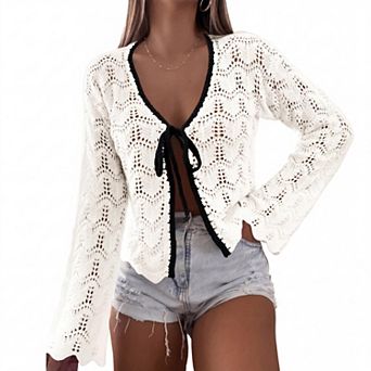 Women Long Sleeve Knit Cardigan Color Block Tirm Sweater Top